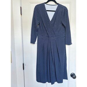 Talbots Dress Womens 10 Midi Faux Wrap Dot Navy Fit Flare  Long Sleeves Stretch